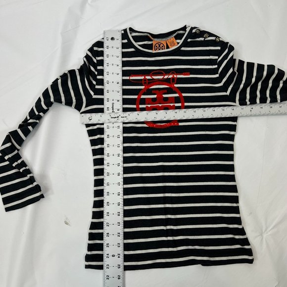 Tory Burch Sz Medium Gray White Striped Graphic Tee - Picture 15 of 15